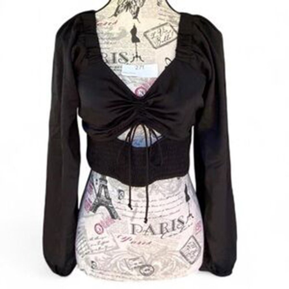 American Eagle Black Corset Keyhole Crop Top – Long Sleeve